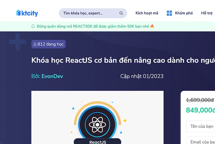 Trang khóa học ReactJS trên KTcity