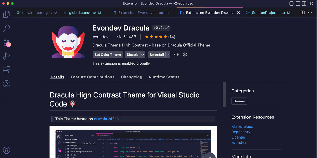 Trang Evondev Dracula trong VS Code