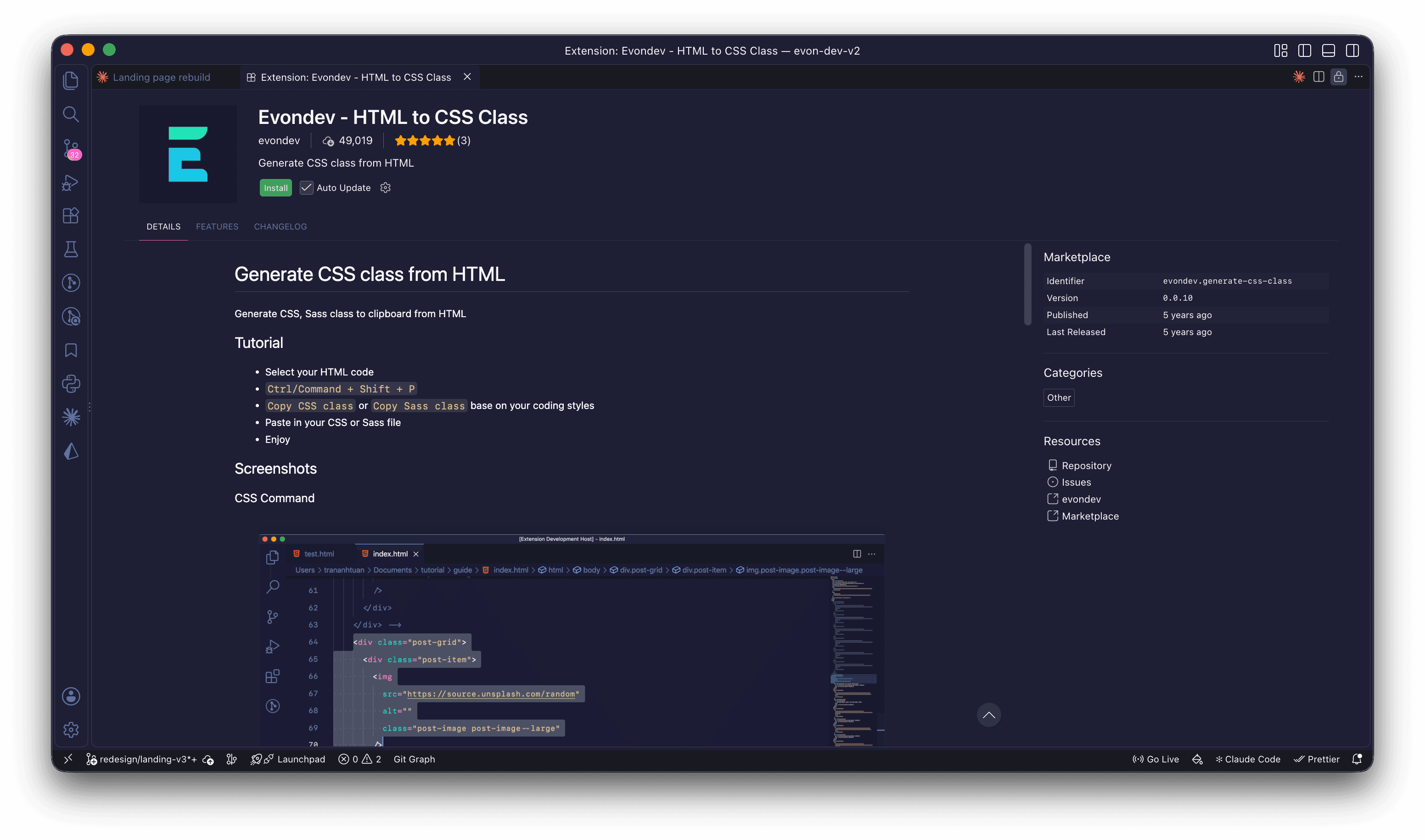 Trang HTML to CSS Class trong VS Code