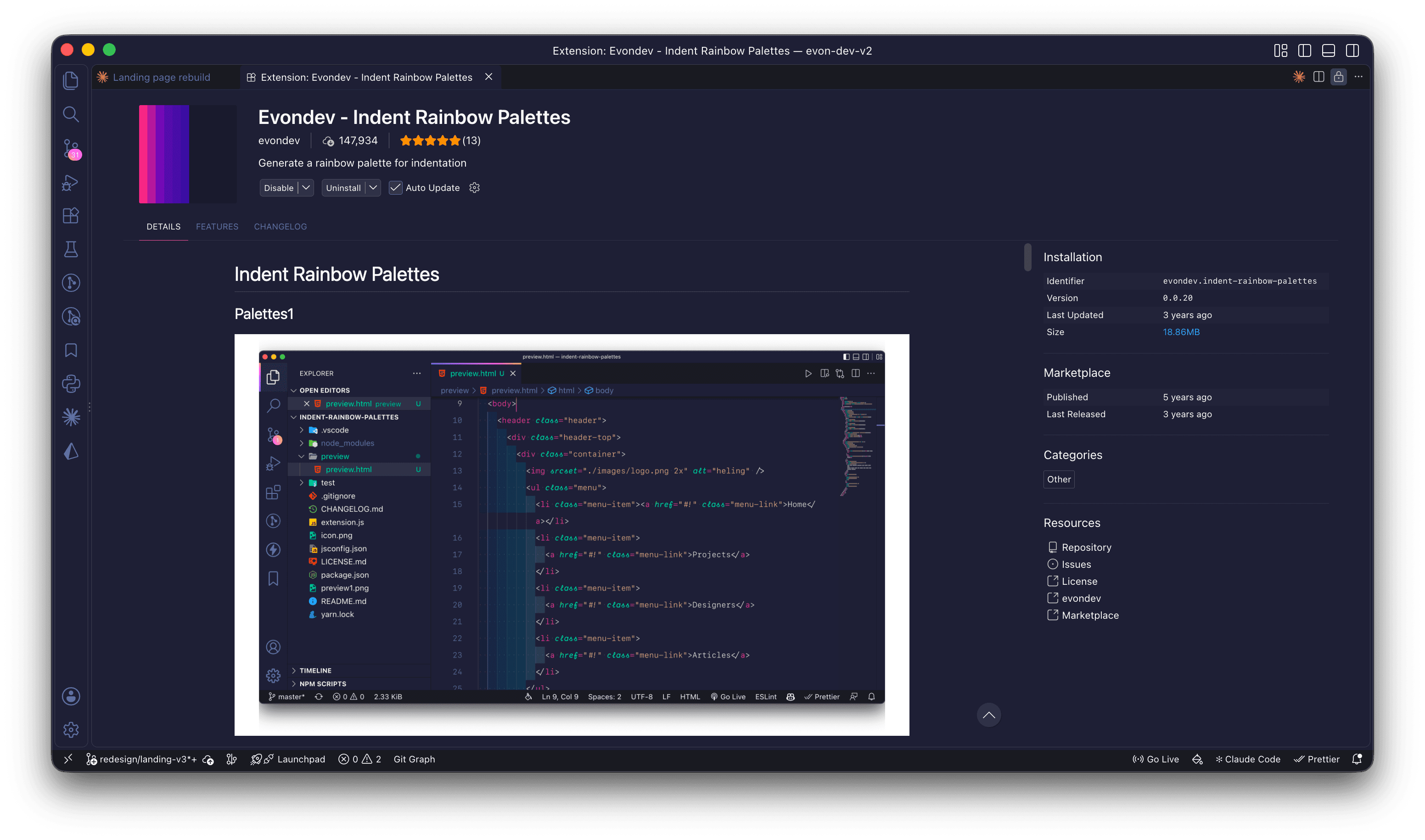 Trang Indent Rainbow Palettes trong VS Code