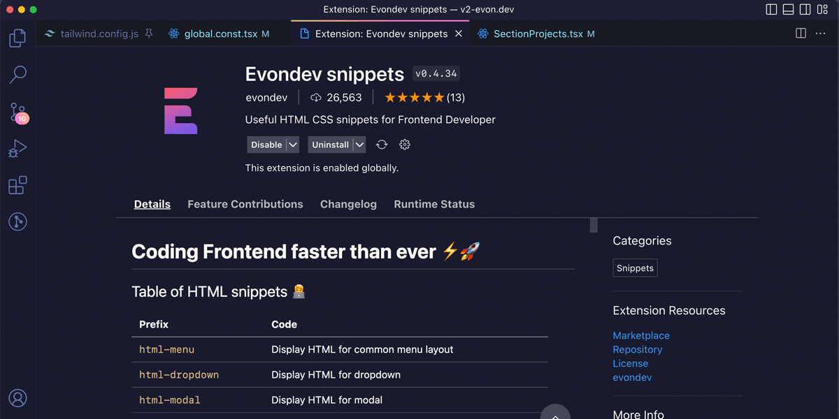 Trang Evondev Snippets trong VS Code